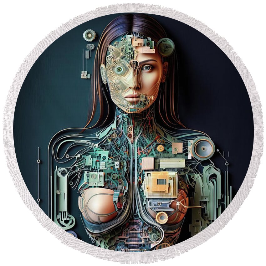 Cyborg Round Beach Towel featuring the digital art The Future of AI 02 Robot Woman by Matthias Hauser