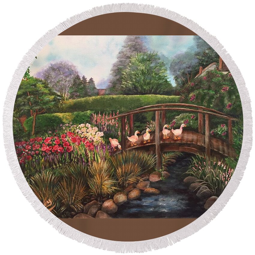 Garden Round Beach Towel featuring the painting The Garden Bridge by Barbara Landry