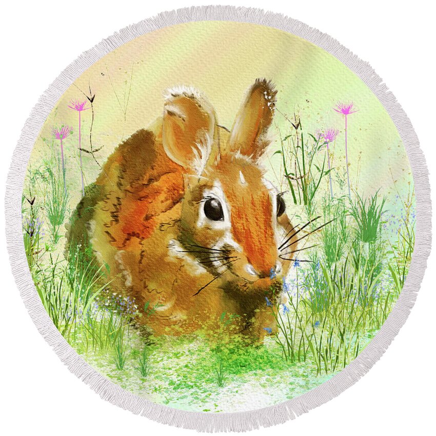 Bunny Round Beach Towel featuring the digital art The Gardener In The Flowers by Lois Bryan