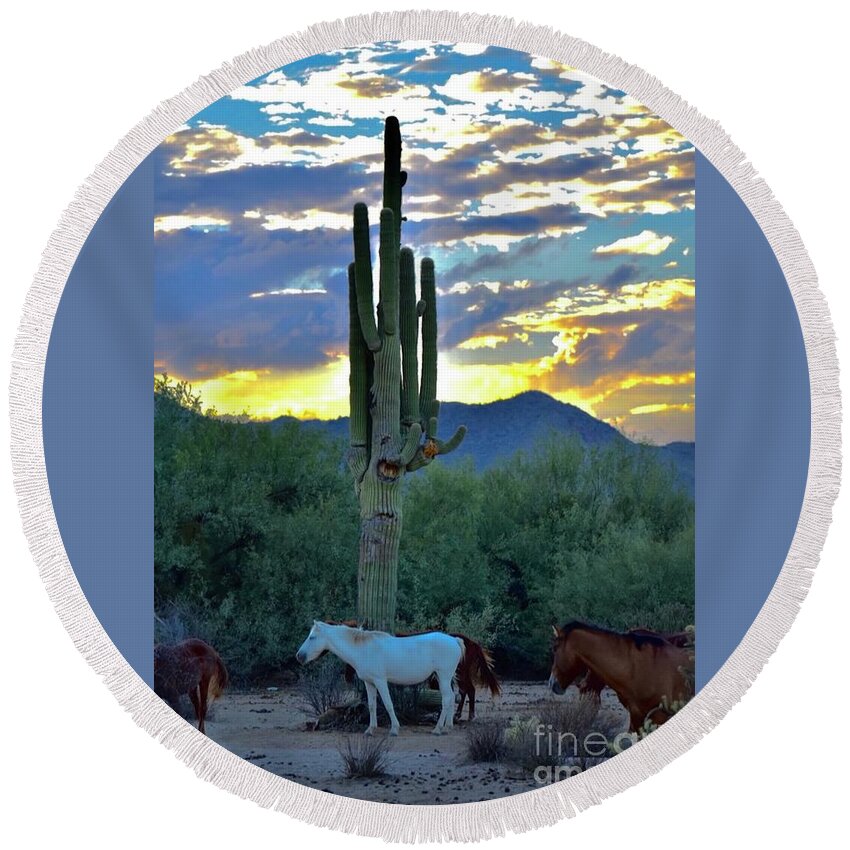 Salt River Wild Horses Round Beach Towel featuring the digital art The Gathering At Sunset by Tammy Keyes