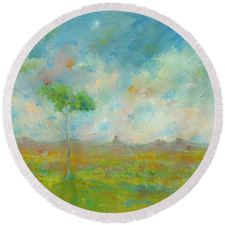 Tree Round Beach Towel featuring the painting The Glass House Tree by Roger Clarke