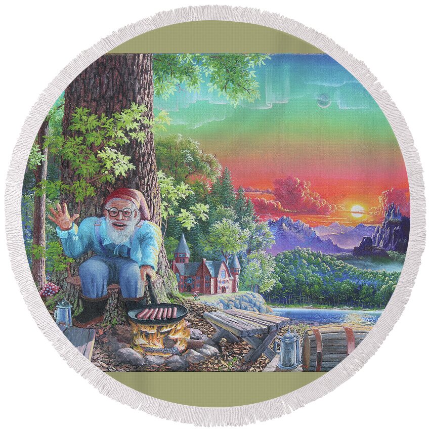 Gnome Round Beach Towel featuring the painting The Gnome by Michael Goguen