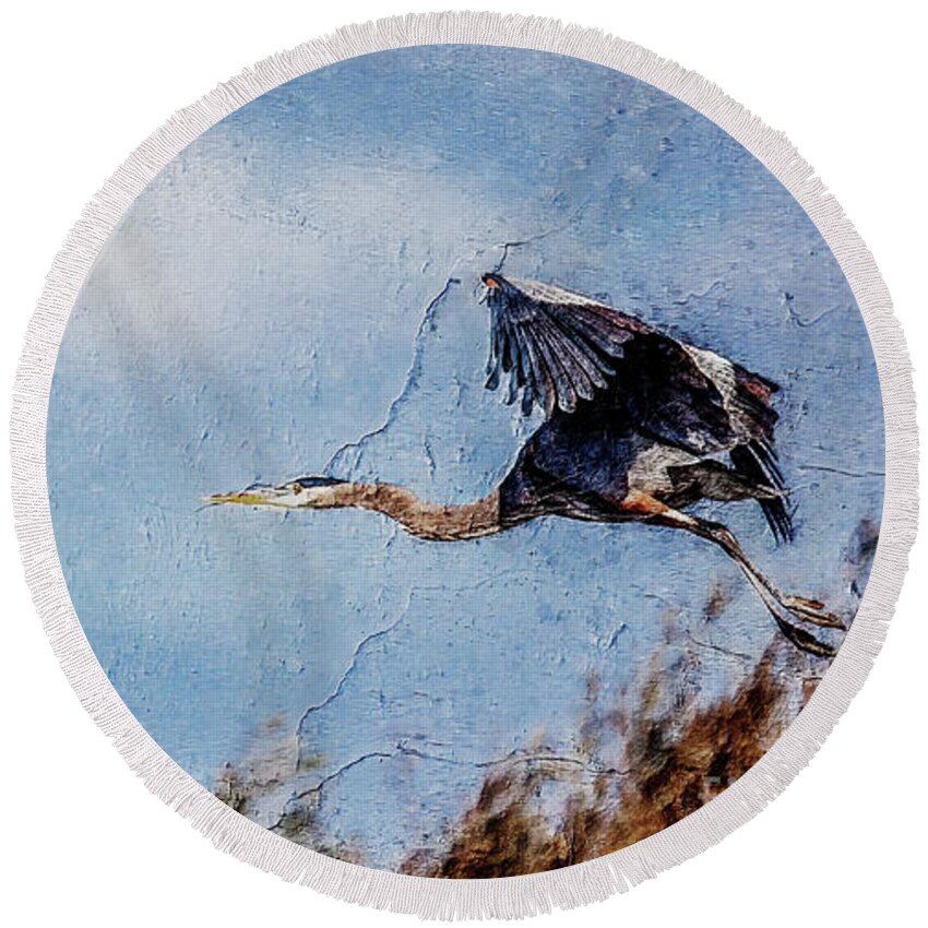 The Great Blue Heron Round Beach Towel featuring the digital art The Great Blue Heron by David Millenheft