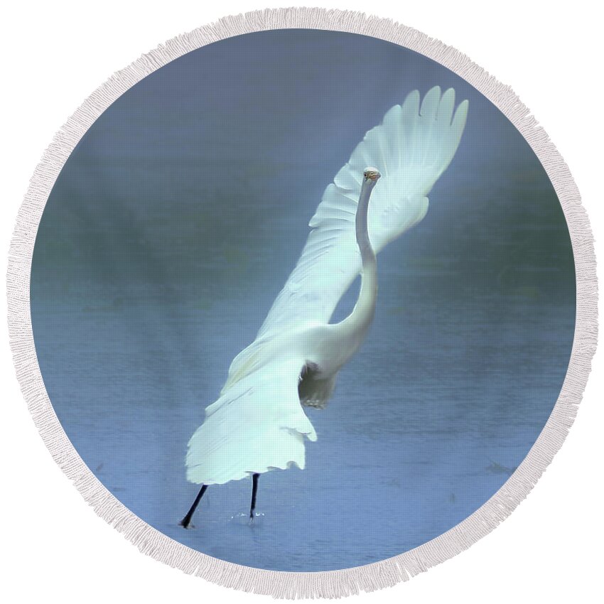 Faune Round Beach Towel featuring the photograph The Great dancing Egret by Carl Marceau