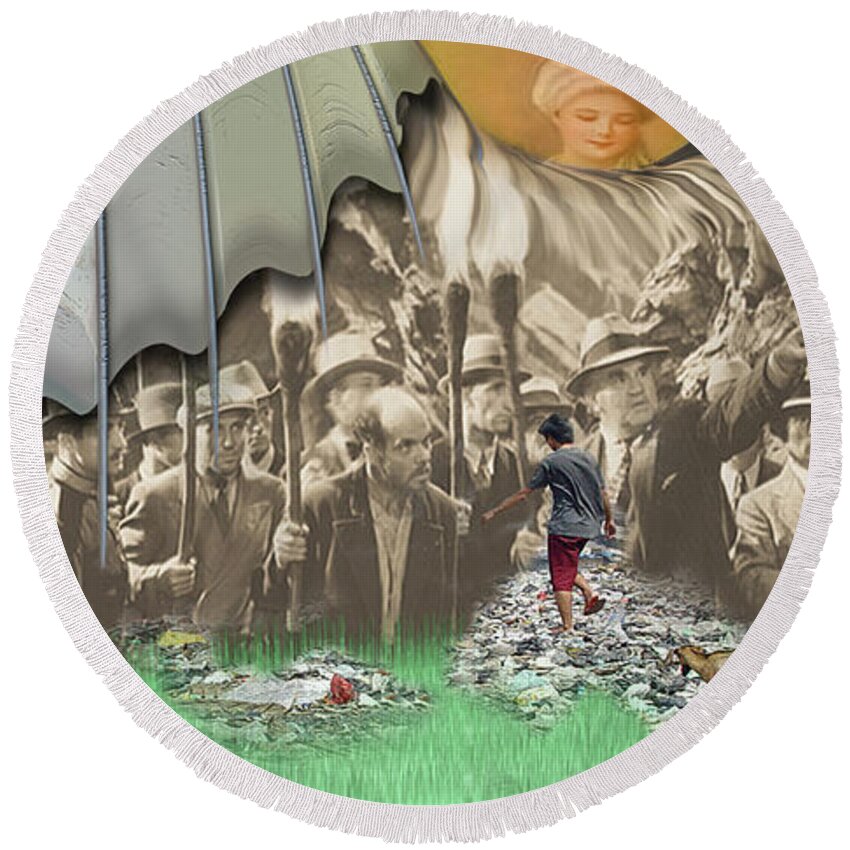 Mighty Sight Studio Round Beach Towel featuring the mixed media The Great Detangling by Steve Sperry