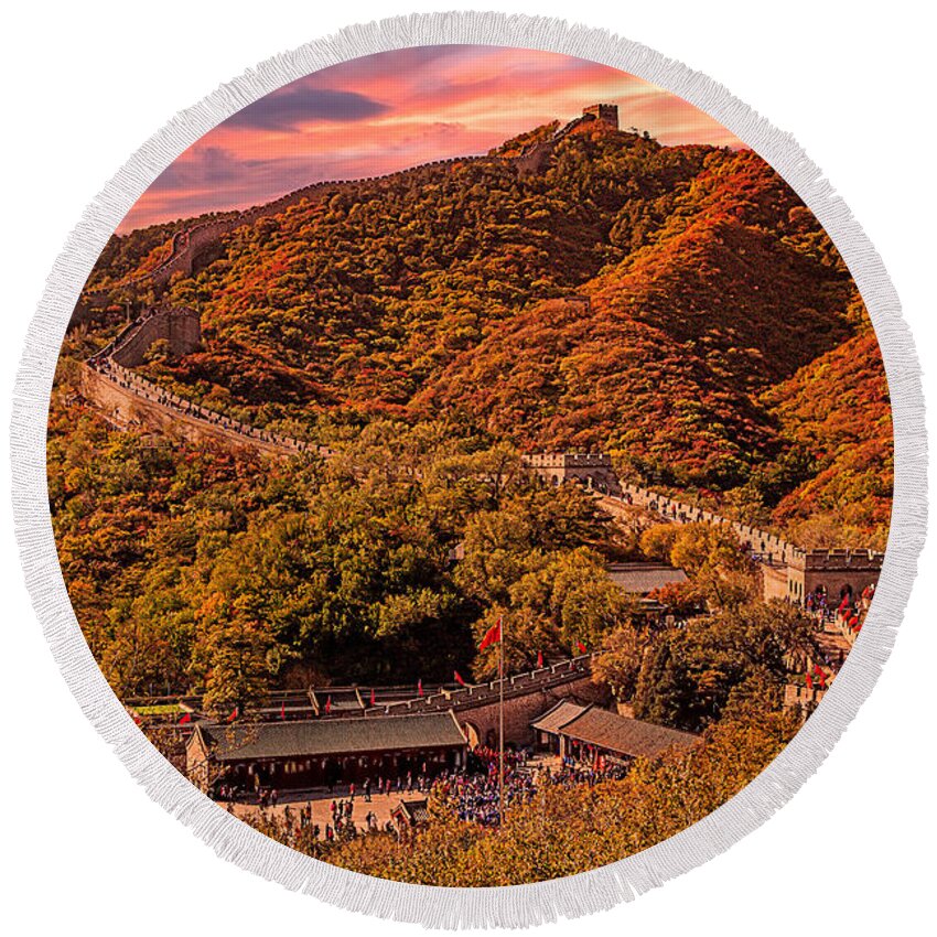 China Round Beach Towel featuring the photograph The Great Wall at Sunset by Mitchell R Grosky