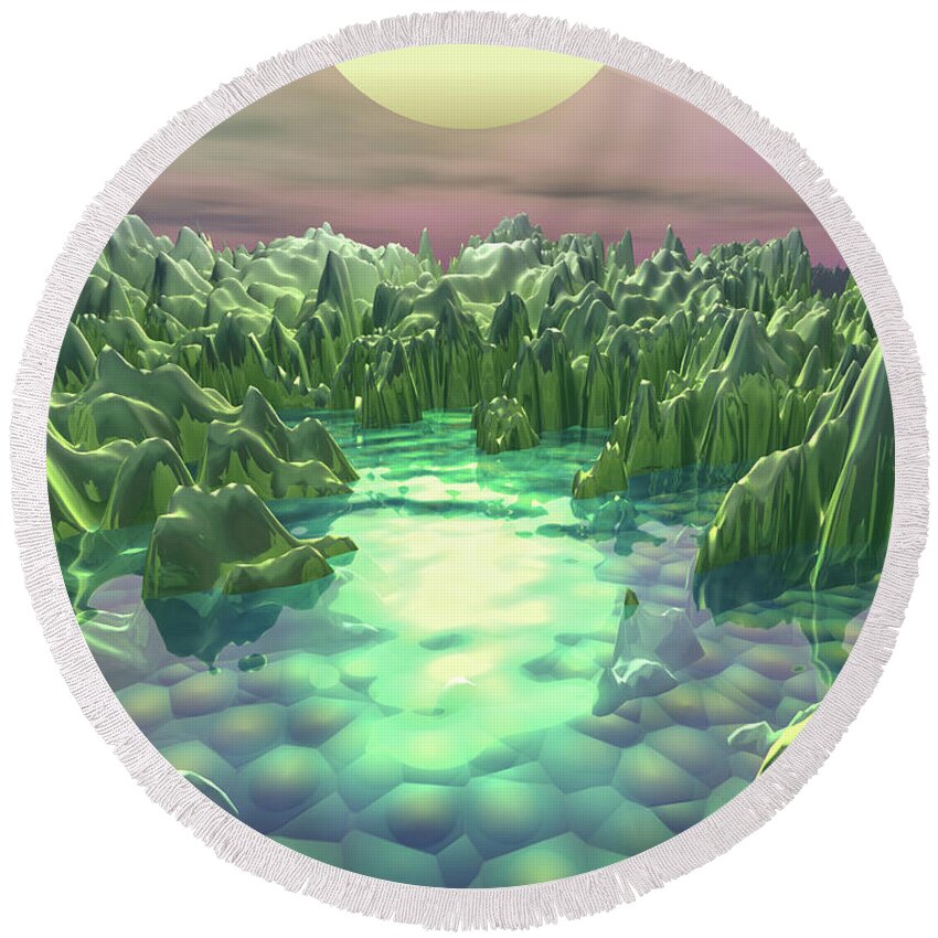 Macro Round Beach Towel featuring the digital art The Green Planet by Phil Perkins