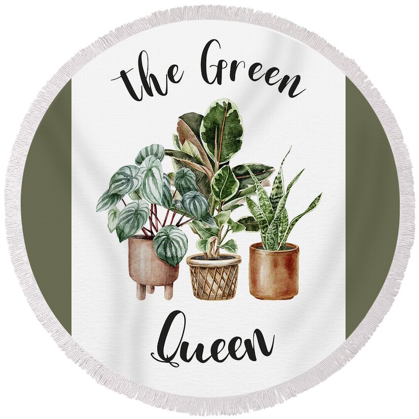 Plant Mom Round Beach Towel featuring the digital art The Green Queen by Sambel Pedes