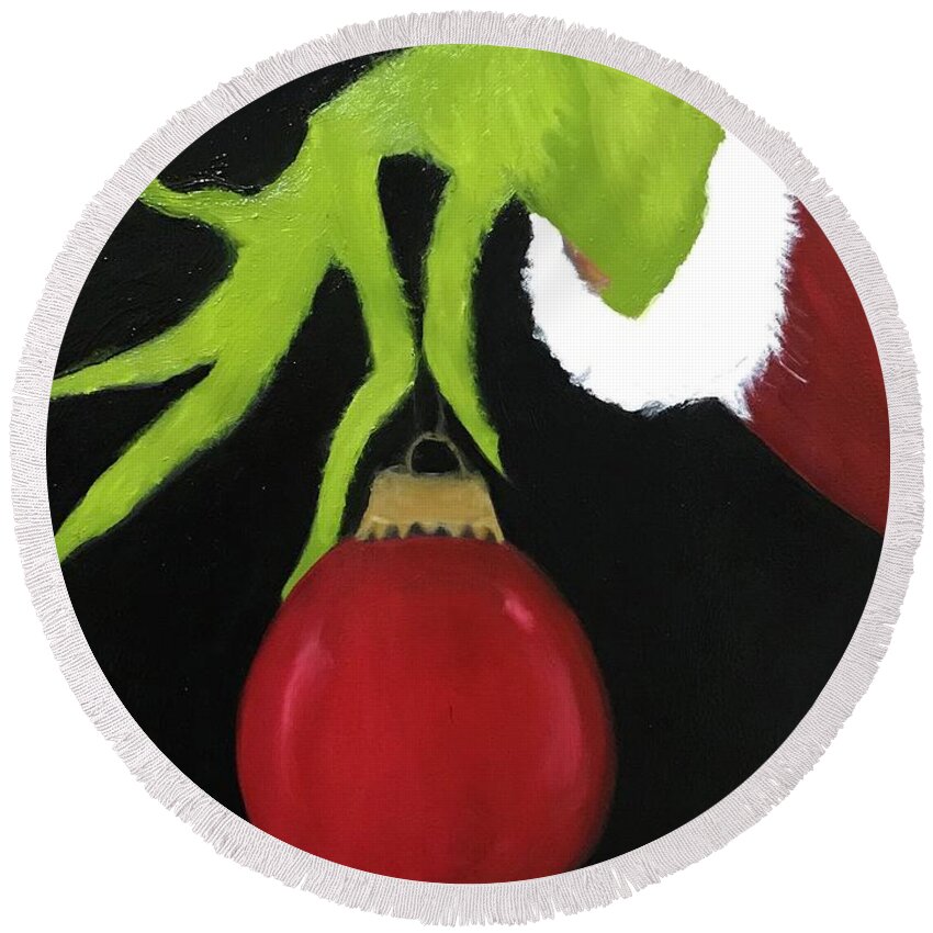 Original Art Work Round Beach Towel featuring the painting The Grinch Who Stole Christmas by Theresa Honeycheck