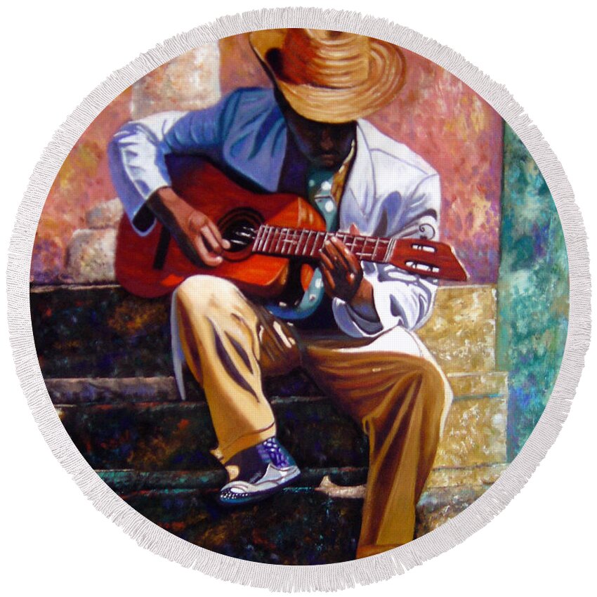 Cuban Art Round Beach Towel featuring the painting The Guitar Player by Jose Manuel Abraham