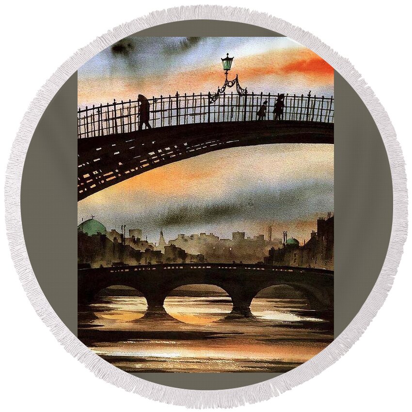  Round Beach Towel featuring the painting The Ha'penny Bridge, River Liffey. by Val Byrne