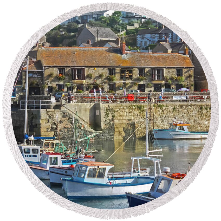 The Harbour Inn Round Beach Towel featuring the photograph The Harbour Inn Porthleven by Terri Waters