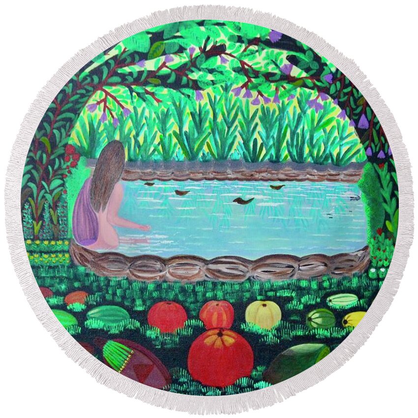 All Products Round Beach Towel featuring the painting The Hidden Water by Lorna Maza