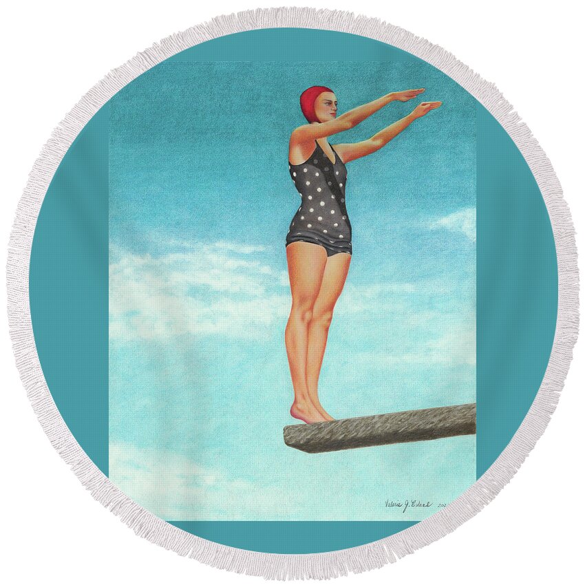 High Dive; Diving Board; Vintage Bathing Beauties; Red Swim Cap; Diving Competitions; Vintage Bathing Suits; Swimming; Polka Dot Swim Suit Round Beach Towel featuring the painting The High Dive by Valerie Evans