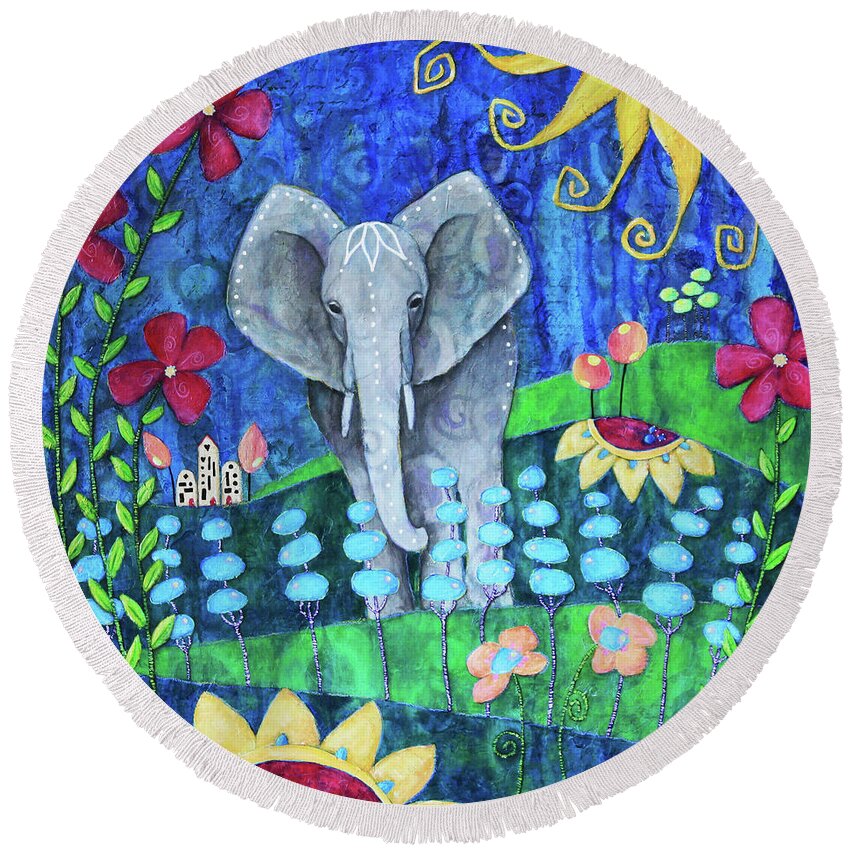 Elephant Round Beach Towel featuring the painting The Hills of Xanadu by Winona's Sunshyne