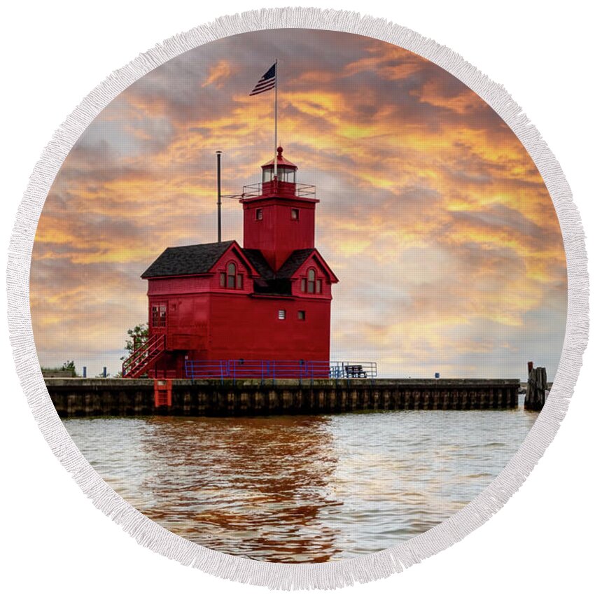 Lighthouse Round Beach Towel featuring the photograph The Holland Harbor Lighthouse by Debra and Dave Vanderlaan