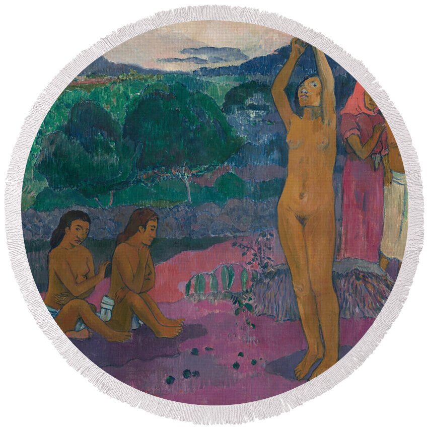  Round Beach Towel featuring the painting The Invocation by Paul Gauguin