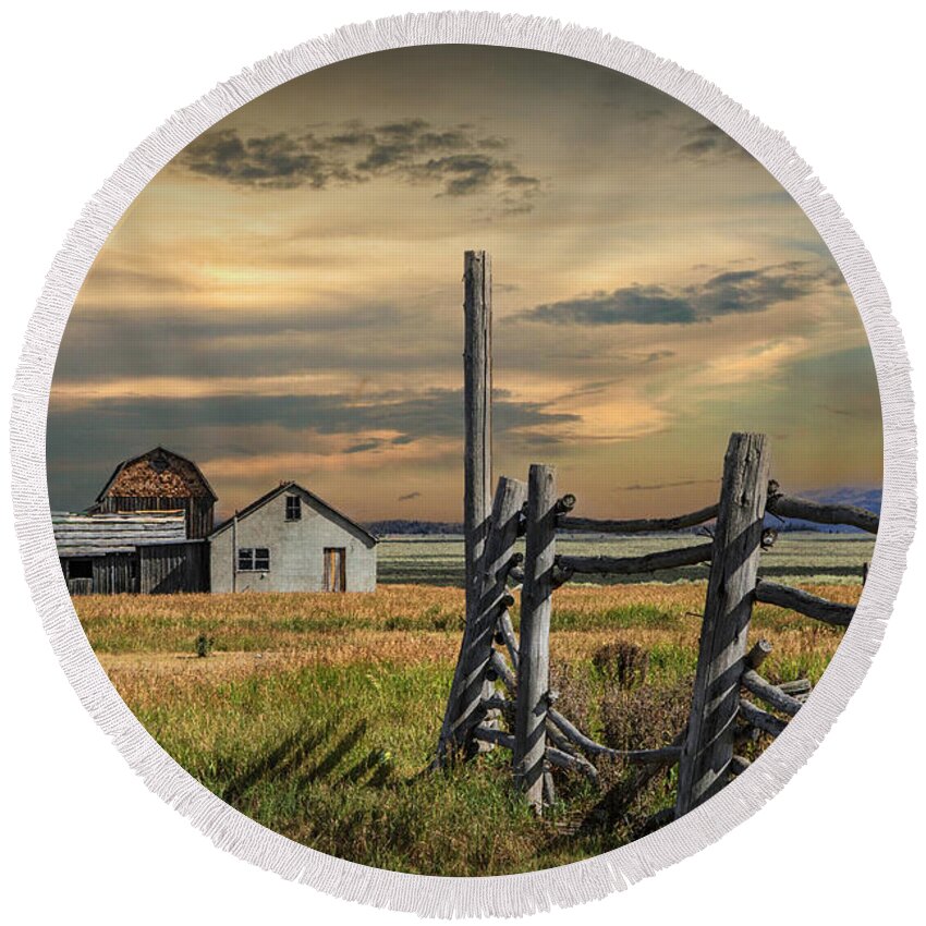Wood Round Beach Towel featuring the photograph The John Moulton Farm on Mormon Row with Corral Fence by Randall Nyhof