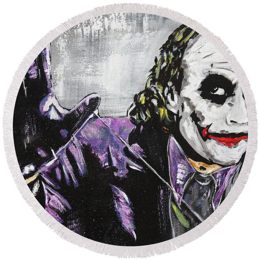Heath Ledger Round Beach Towel featuring the painting The Joker Face Painting by Kathleen Artist PRO