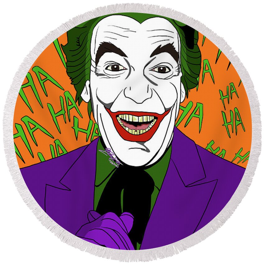 Cesar Romero Round Beach Towel featuring the digital art The Joker, the Clown Prince of Crime by Marisol VB