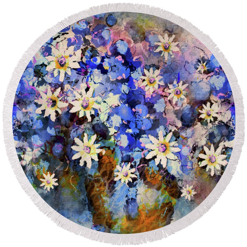 Flowers Round Beach Towel featuring the painting The Joy Of Blue Flowers by Natalie Holland