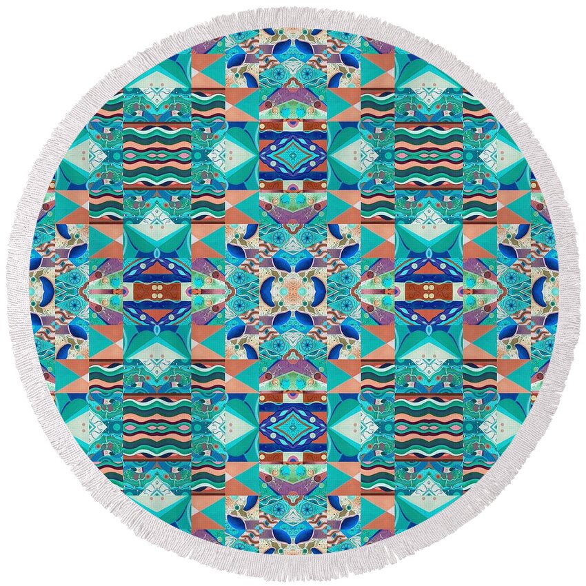 The Joy Of Design Mandala Series Puzzle 8 Arrangement 6 Quadrupled Inverted By Helena Tiainen Round Beach Towel featuring the painting The Joy of Design Mandala Series Puzzle 8 Arrangement 6 Quadrupled Inverted by Helena Tiainen