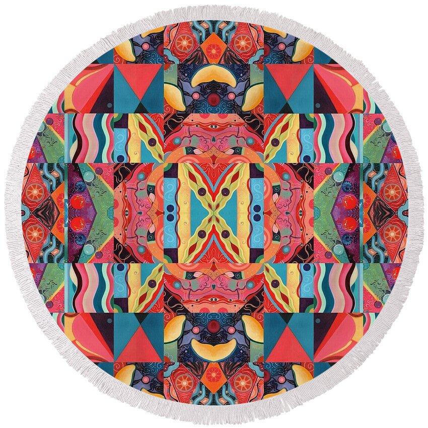 The Joy Of Design Mandala Series Puzzle 8 Arrangement 7 By Helena Tiainen Round Beach Towel featuring the painting The Joy of Design Mandala Series Puzzle 8 Arrangement 7 by Helena Tiainen