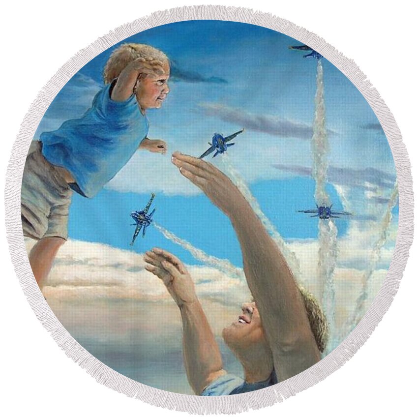 Play Round Beach Towel featuring the painting The Joy of Flight by Merana Cadorette