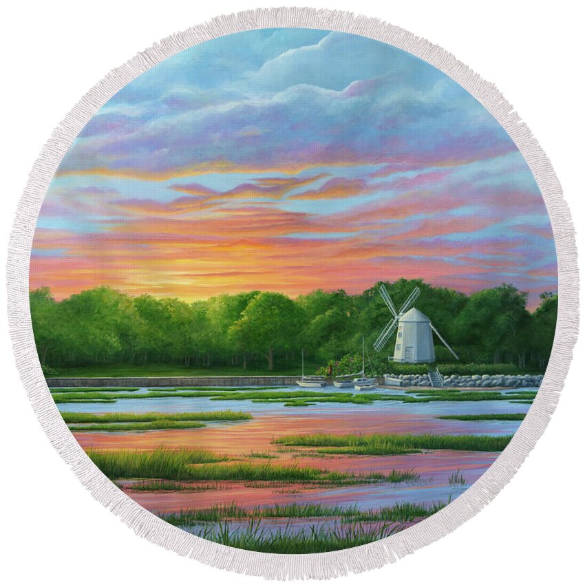 The Judah Baker Windmill Under A Painted Sky Round Beach Towel featuring the painting The Judah Baker Windmill Under a Painted Sky by Michelle Constantine