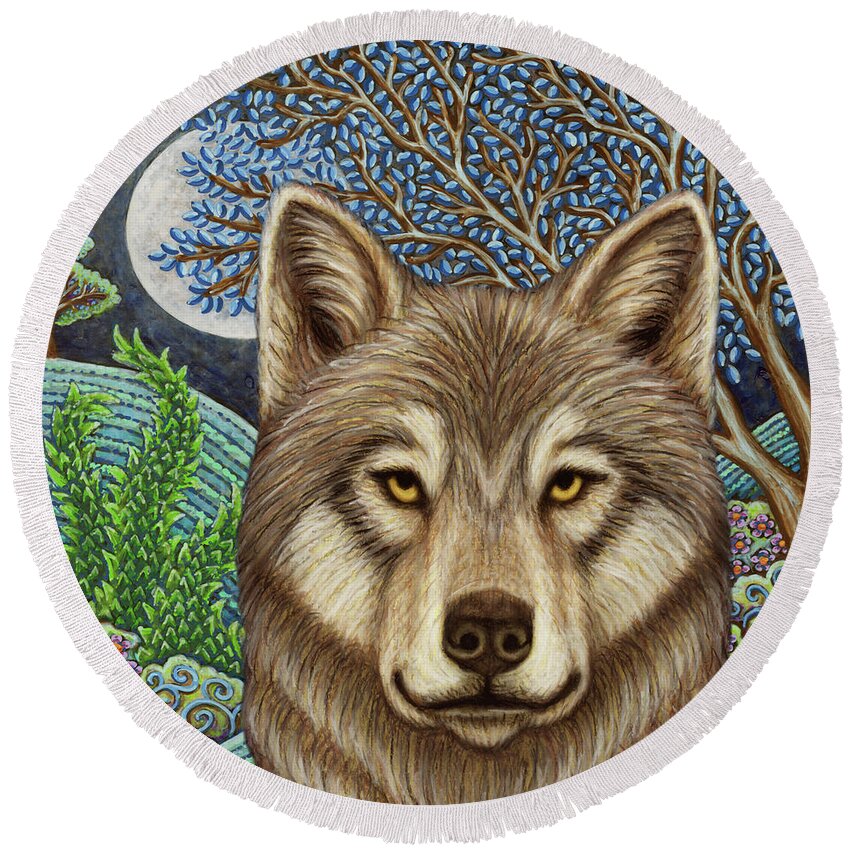 Wolf Round Beach Towel featuring the painting The Kazakh Wolf Moon by Amy E Fraser