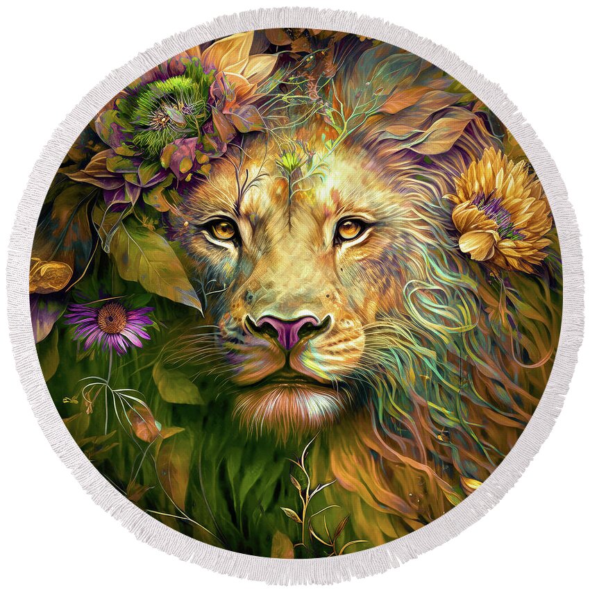 Lion Round Beach Towel featuring the painting The King Of The Pride by Tina LeCour