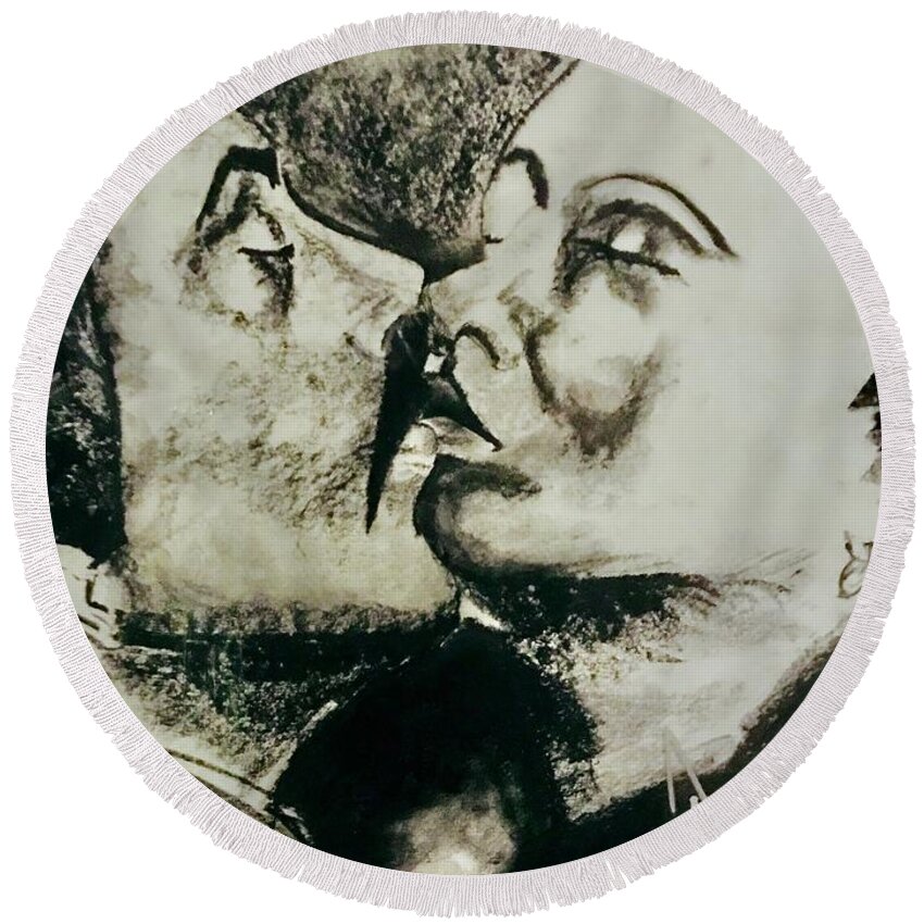  Round Beach Towel featuring the drawing The Kiss by Angie ONeal