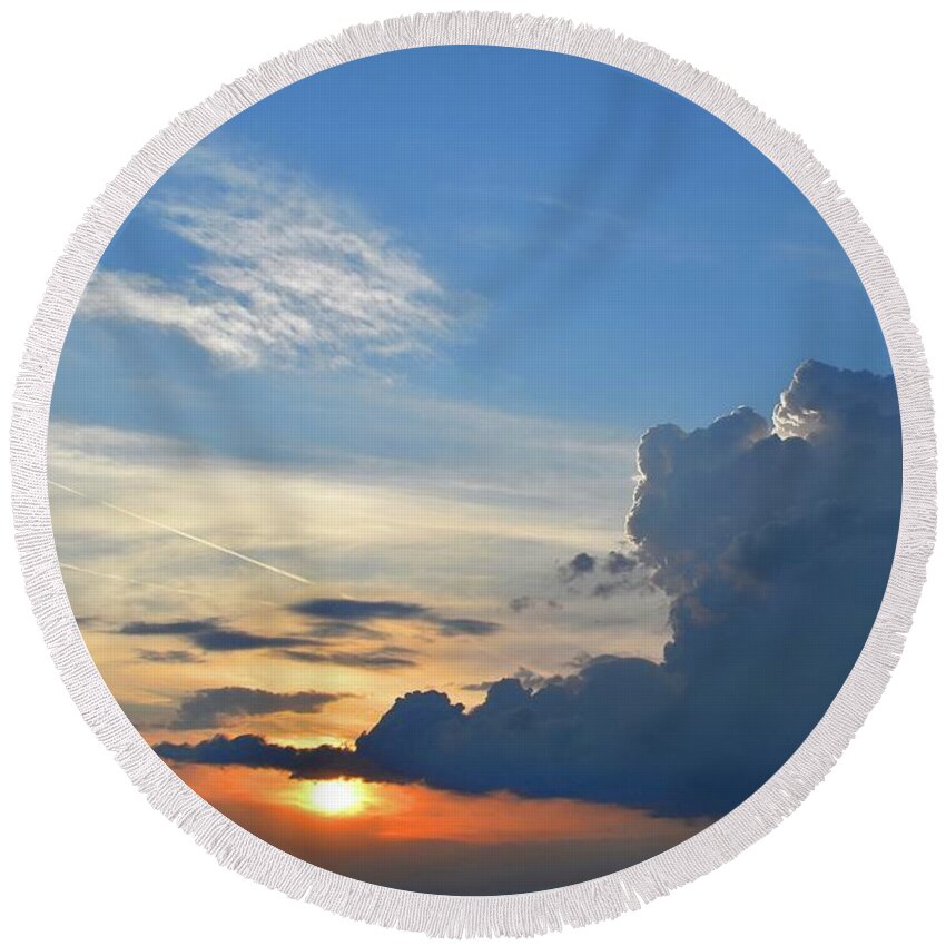 Nature Round Beach Towel featuring the photograph The Kiss of Sunset and Clouds by Leonida Arte