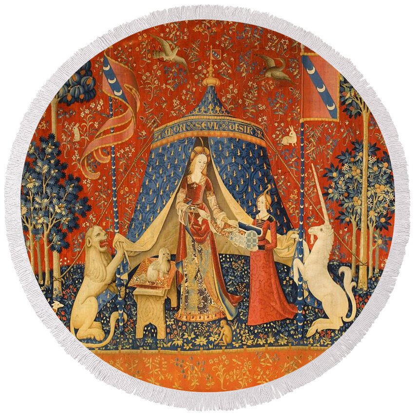 The Lady And The Unicorn Tapestry Round Beach Towel featuring the tapestry - textile The Lady and the Unicorn - Desire by Unknown
