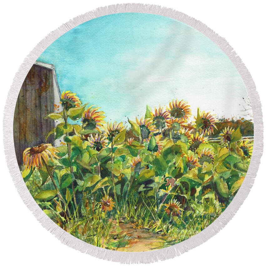 Sunflowers Round Beach Towel featuring the painting The Last Sunflowers by Susan Herbst
