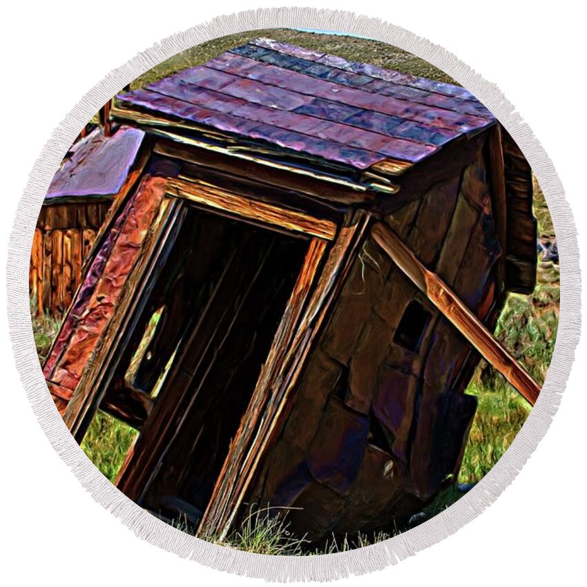 Abandoned Round Beach Towel featuring the digital art The Leaning Outhouse Of Bodie by David Desautel