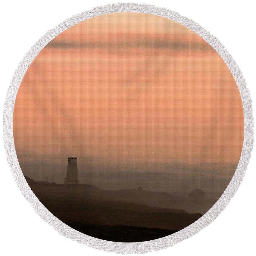 Lighthouse Round Beach Towel featuring the photograph The Light Shines Through Fog by Lorraine Devon Wilke
