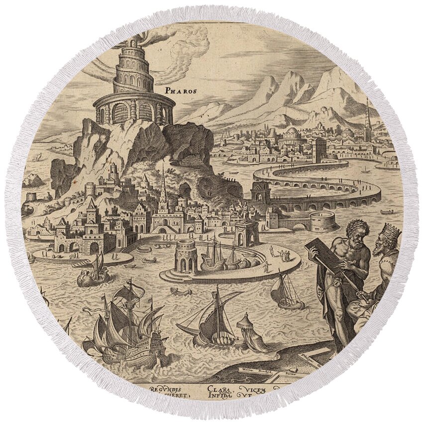 Philip Galle Round Beach Towel featuring the drawing The Lighthouse at Alexandria by Philip Galle