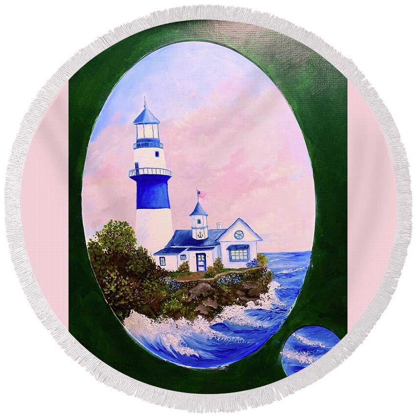  Round Beach Towel featuring the painting The lighthouse by Peggy Miller