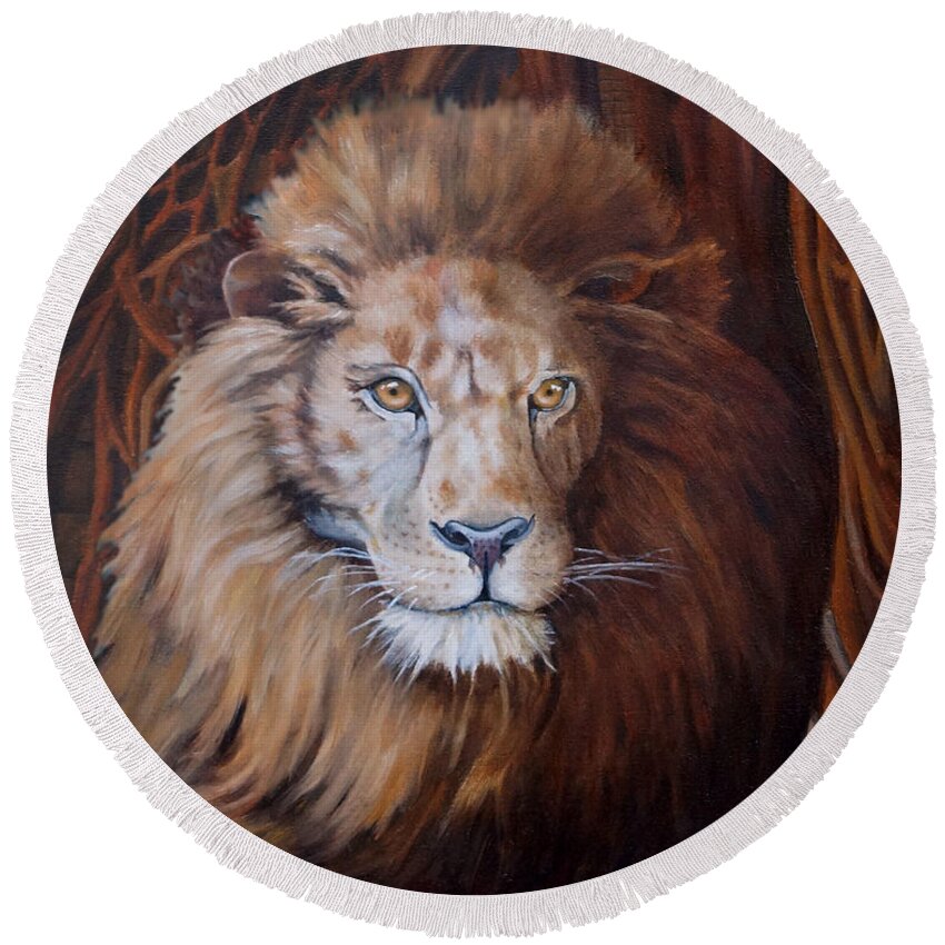 Lion Round Beach Towel featuring the painting The Lion by Ken Kvamme