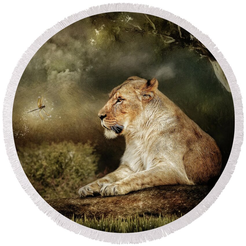 Lioness Round Beach Towel featuring the digital art The Lioness by Maggy Pease