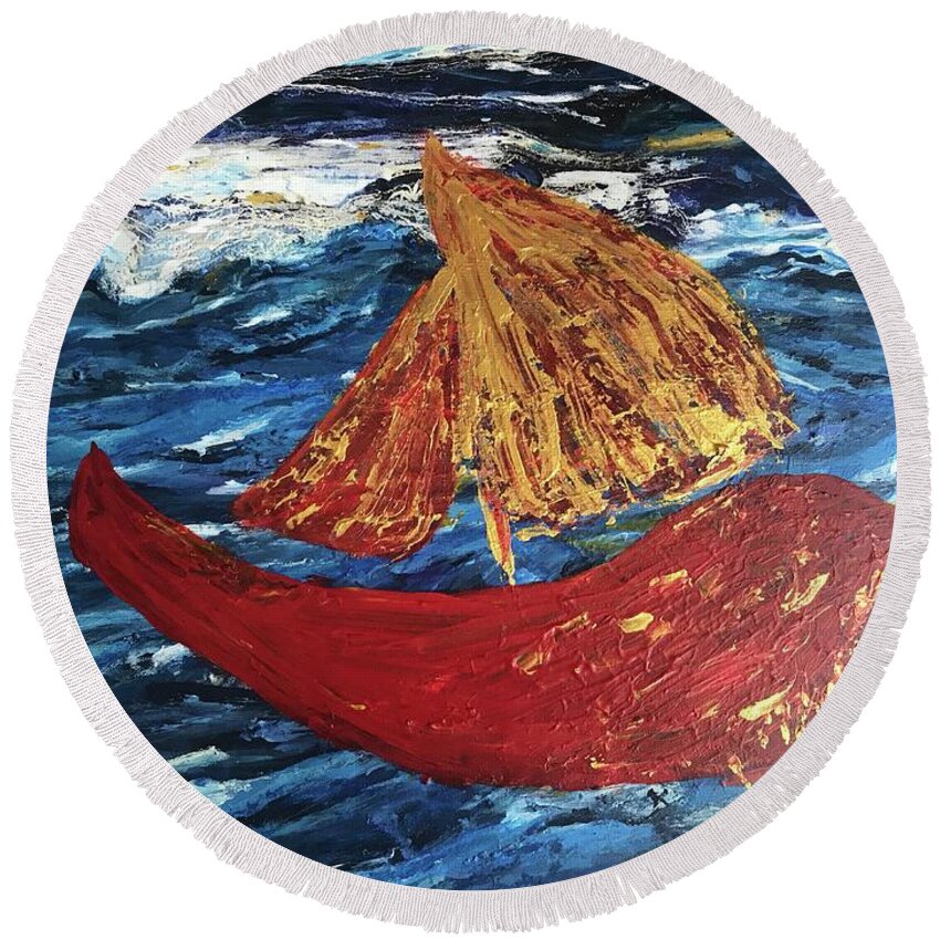 Red Boat Round Beach Towel featuring the painting The Little Red. Boat by Medge Jaspan