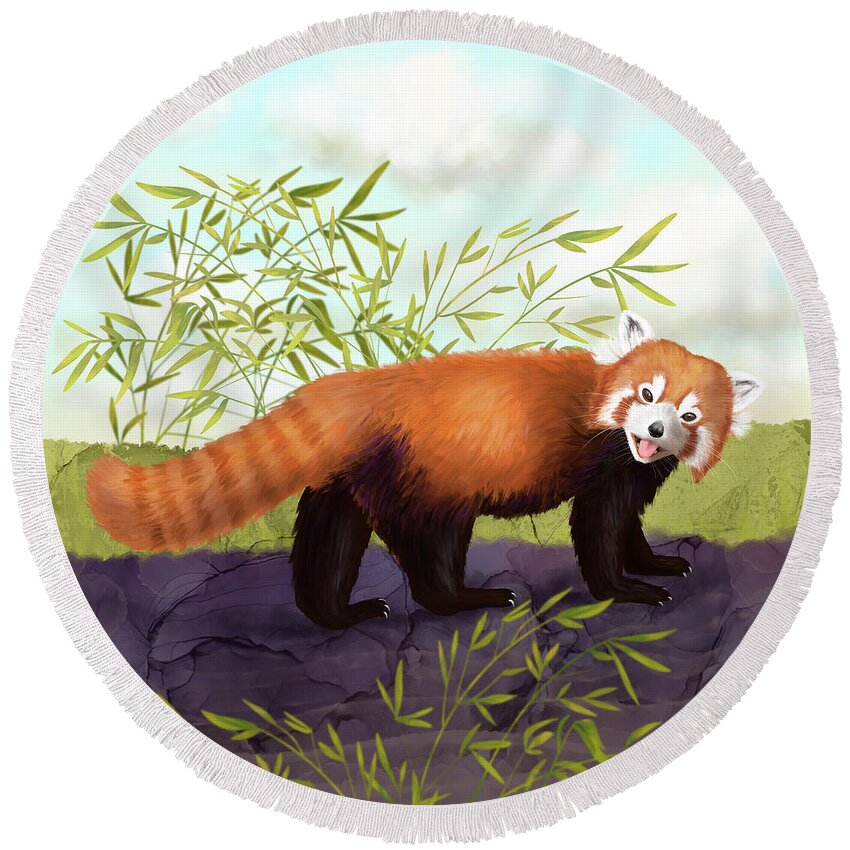 Red Panda Round Beach Towel featuring the digital art The Little Red Panda by Andreea Dumez