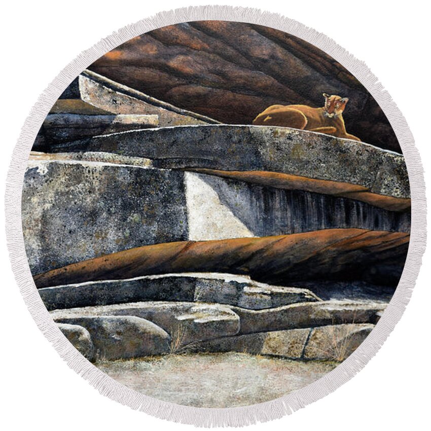 Wildlife Round Beach Towel featuring the painting The Loner Cougar by Frank Wilson