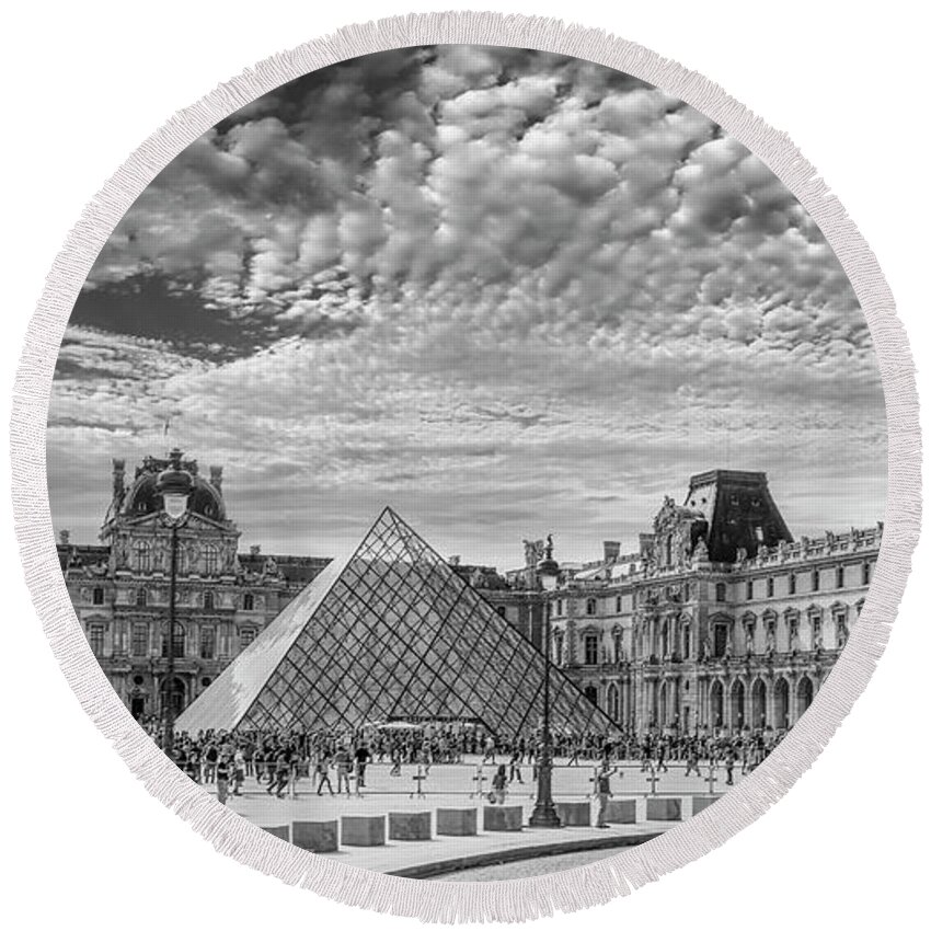 Louvre Pyramid Round Beach Towel featuring the photograph The Louvre, A Black and White Panorama by Marcy Wielfaert