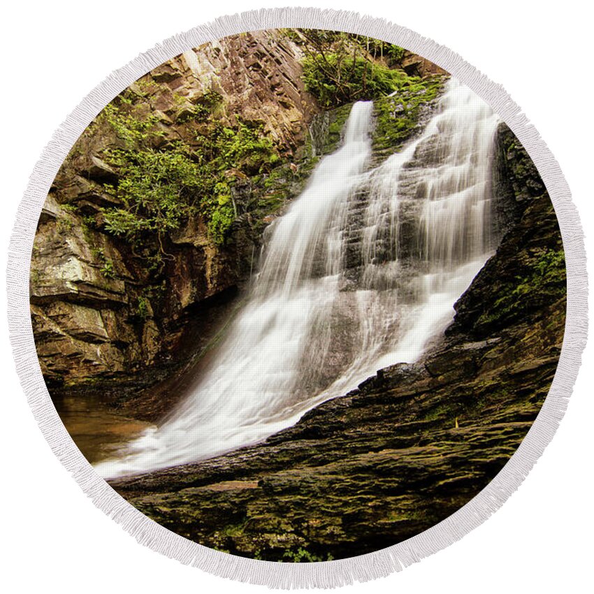 Lower Cascades Waterfall Round Beach Towel featuring the photograph The Lower Cascades in Hanging Rock State Park Danbury North Carolina by Bob Decker