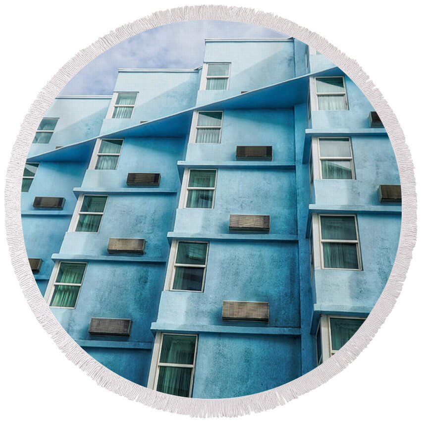 Architecture Round Beach Towel featuring the photograph The Magic Blue Building by Montez Kerr