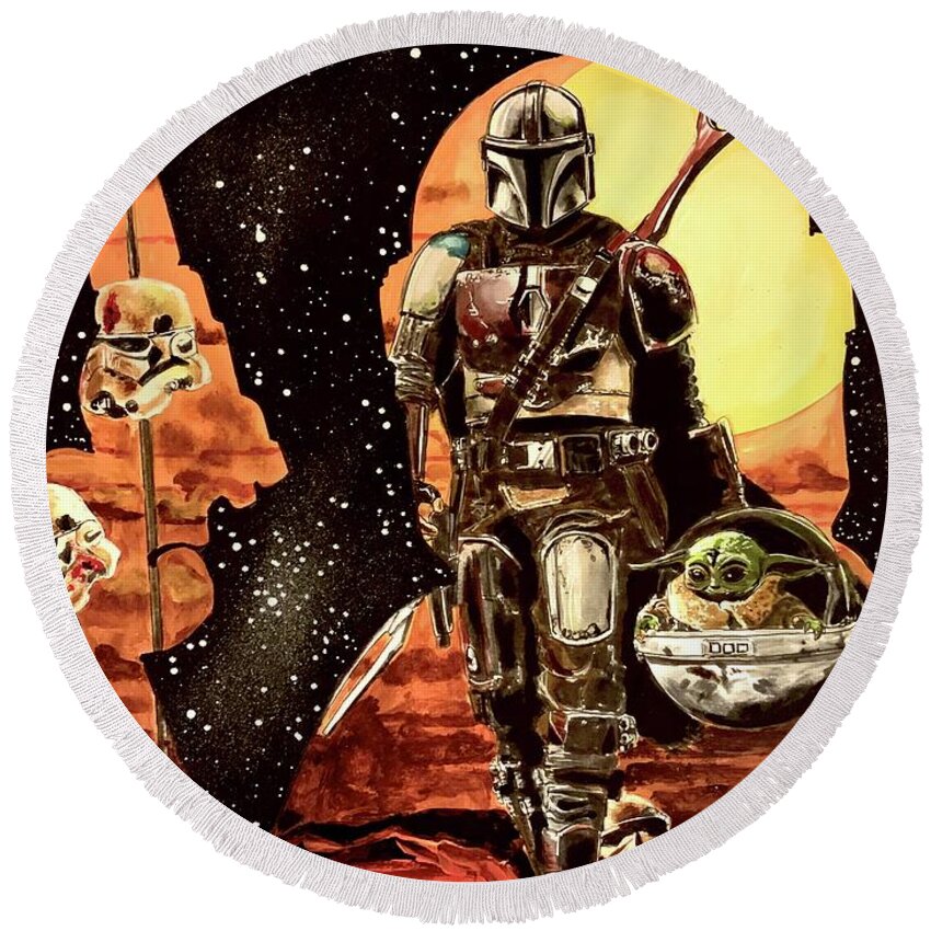 Star Wars Round Beach Towel featuring the painting The Mandalorian by Joel Tesch