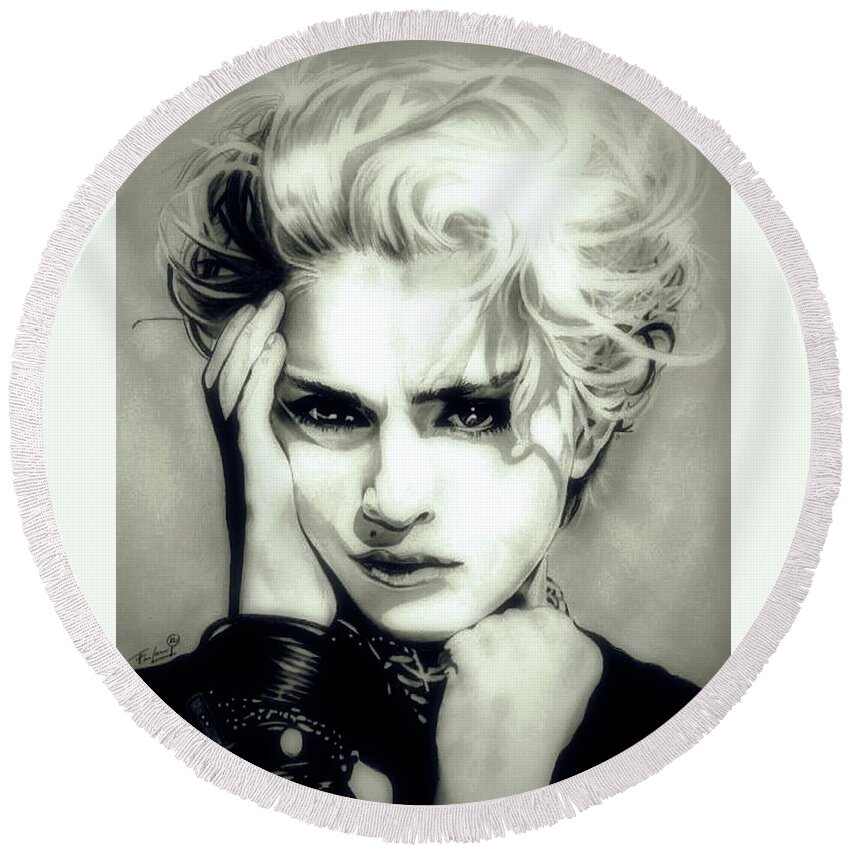 Madonna Round Beach Towel featuring the drawing The Material Girl - Madonna - Original Edition by Fred Larucci