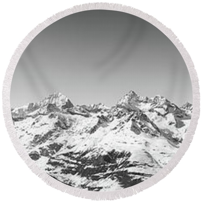 Alpine Round Beach Towel featuring the photograph The Matterhorn and Swiss Mountains Panorama BW by Rick Deacon